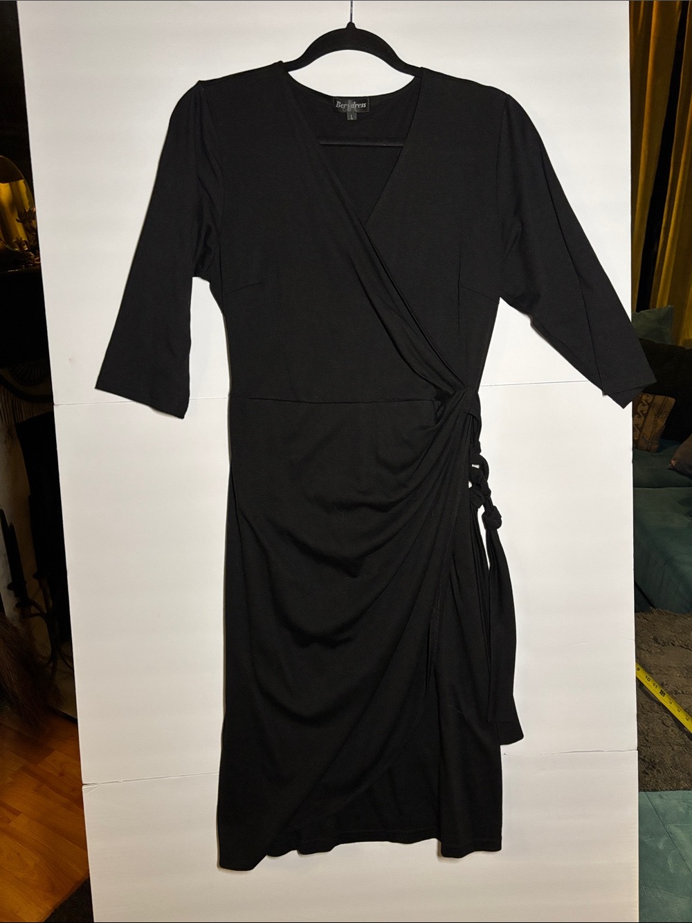 Black Midi Wrap-Style Dress with Side Tie